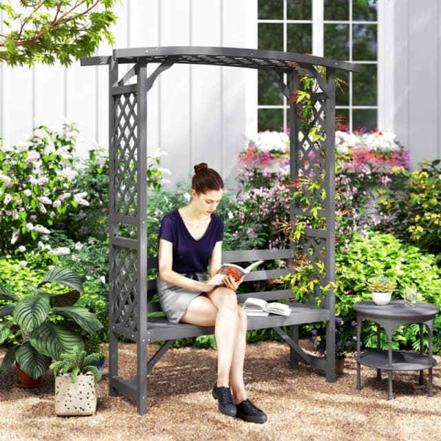 Outsunny Arch Pergola Garden Bench, Wooden Garden Arbour with Seat, Grey 84G-002V00GY
