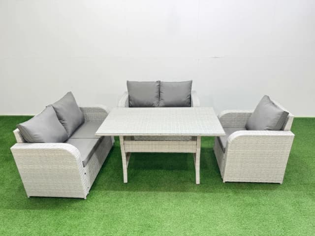 Fimous High Back Poly Rattan Garden Furniture Set with Reclining Chair Loveseat Sofa Rectangular Dining Table Indoor Outdoor Patio Set Light Grey Lig