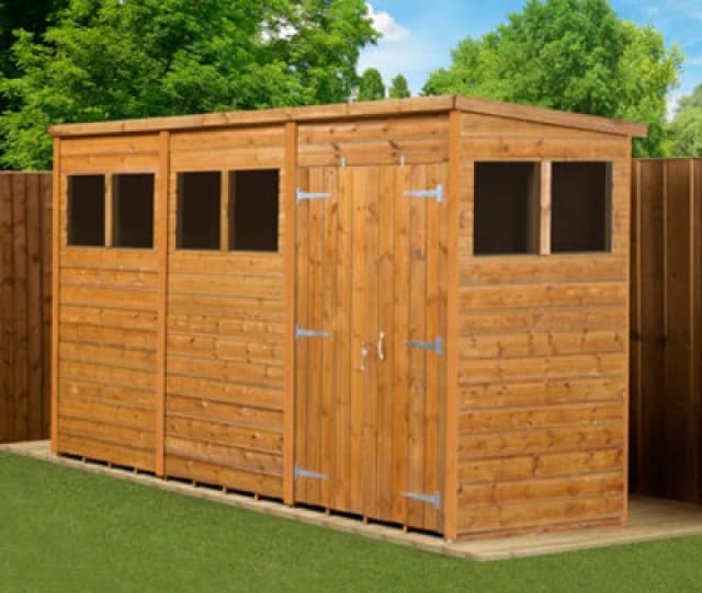 Empire Sheds Empire Modular Pent 12x4ft Wooden Garden Shed Double Door, Brown MP12X4DDW
