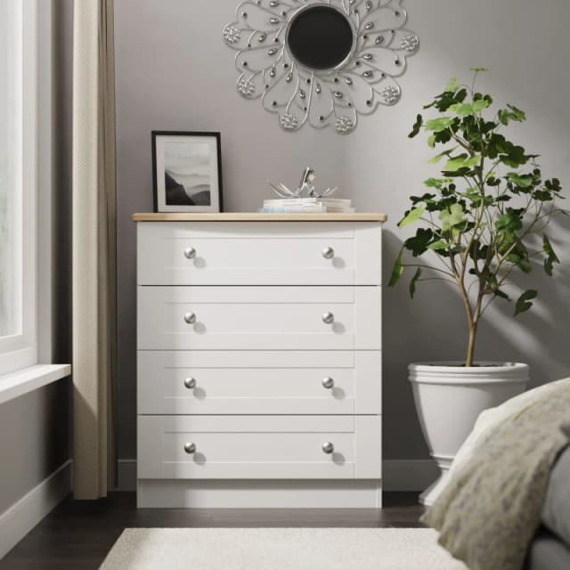 Santander Ready Assembled Matt White & Oak 4 Drawer Wide Chest (H)882mm (W)765mm (D)415mm