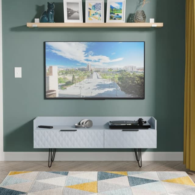 Anzio Matt Denim Blue Media Unit With 2 Drawers, (H)50.1Cm X (W)128.2Cm X (D)39.4Cm