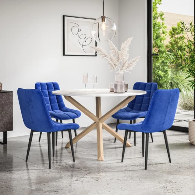 More4Homes Malvern Round Dining Table And Chairs - Marble Table Top W Solid Oak Legs + Nova Velvet Dining Chair Set Of 4 (Blue)