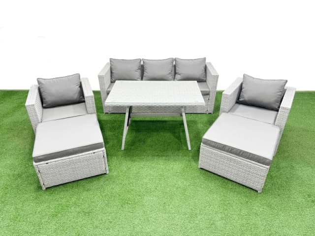 Fimous 7 Pieces Outdoor PE Rattan Sofa Armchair Set with 2 Big Stools in Light Grey Light Grey Unisex