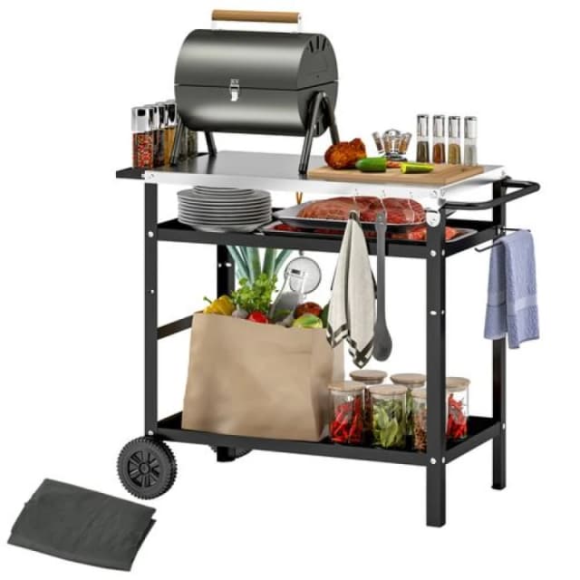 Outsunny BBQ Trolley with Stainless Steel Top, Movable Pizza Table, Black Black