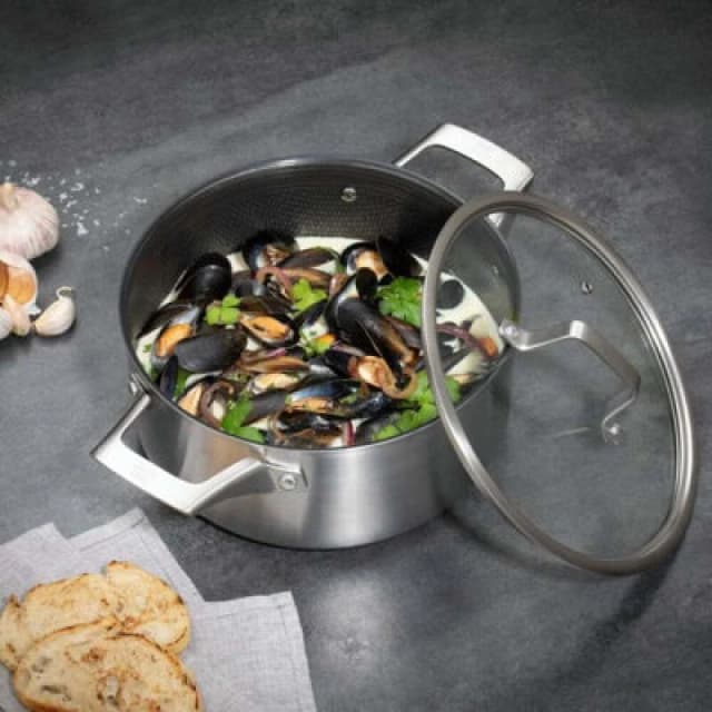 Hairy Bikers Stainless Steel 24cm 'Hex Guard' Non Stick Long Lasting Casserole Stock Pot Cooking Dish with Glass Lid Silver