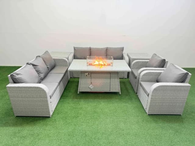 Fimous PE Rattan High Back Lounge Sofa Set Patio Firepit Dining Table & Chairs Set with 3 Seater Sofa Reclining Chair 2 Side Table Light Grey Light Gr