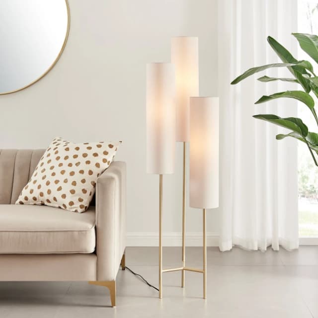 FurnitureboxUK FurnitureboxUK Suri Brass Plated Boho Triple Floor Lamp 3 With White Shades in Gold Gold One Size Unisex 5056542694400