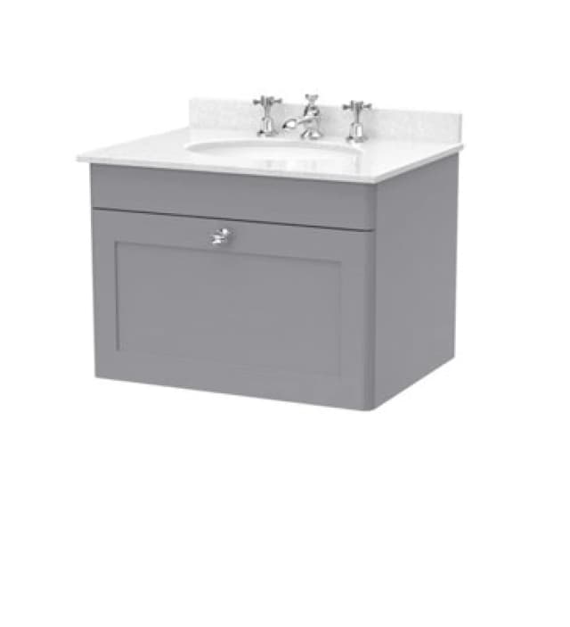Nuie Classique Wall Hung 1 Drawer Vanity Unit & 3 Tap Hole White Marble Top With Oval Basin, Contemporary Sink Vanity Unit In