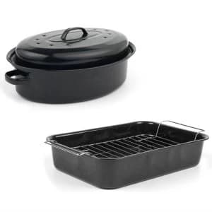 Russell Hobbs Vitreous Enamel Self-Basting Roaster with Lid and Rack - Black