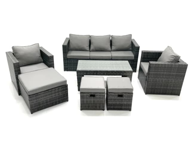 Fimous 8 Seater Rattan Garden Furniture Set Outdoor Lounger Sofa with Coffee Table 2 Armchair 3 Footstools Dark Grey Mixed Dark Grey