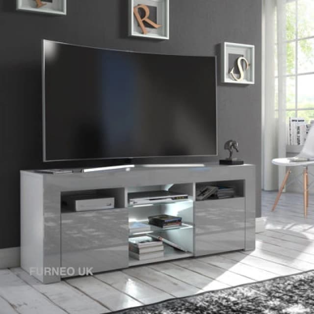 Furneo Grey TV Stand 120Cm Unit Cabinet Matt & High Gloss Puzzo G White LED Lights