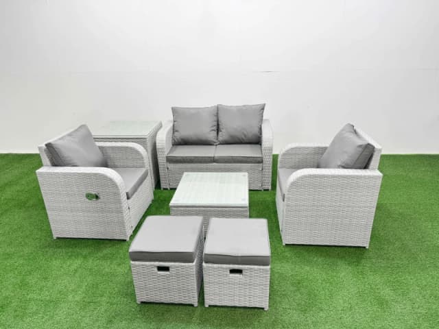 Fimous Light Grey PE Wicker Rattan Garden Furniture Set Sofa Set Reclining Adjustable Chair Square Coffee Table 6 Seater 2 Small Stools Side Table Lig