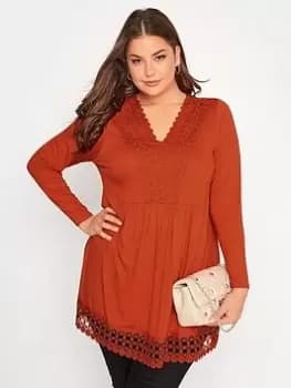 Yours Long Sleeve Crochet Trim Tunic. Burnt Orange, Size 16, Women