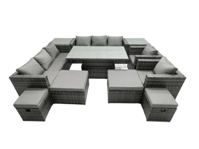 Fimous Rattan Dining Table Sofa Set with 2 Side Tables 4 Stools 12 Seat in Dark Grey Dark Grey Unisex
