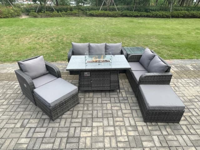 Fimous Garden Patio Furniture Wicker Rattan Gas Fire Pit Table and Sofa Chair set with Side Tables 2 Big Footstool Dark Grey