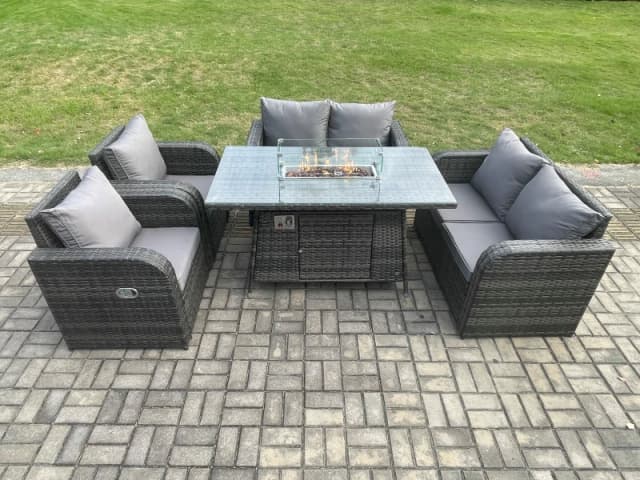 Fimous Rattan Outdoor Garden Furniture Sofa Set Gas Fire Pit Dining Table Gas Heater with Love Sofa Recling Chair 6 Seater Dark Grey