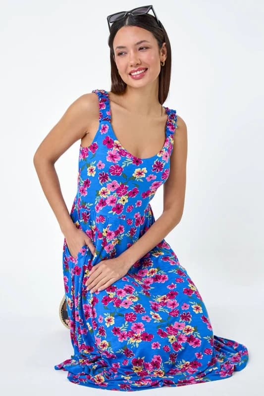 Roman Womens Floral Shirred Strap Midi Dress in Blue Size: 10 Blue Female 10