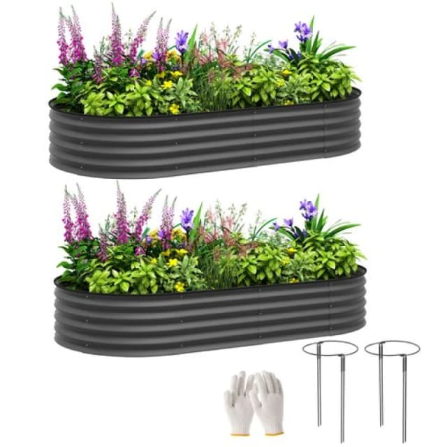 Outsunny Set of 2 Raised Beds for Garden with Metal Plant Stakes, Dark Grey Dark Grey