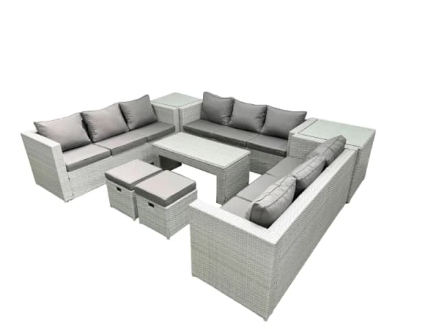 Fimous Rattan Garden Outdoor Furniture Set 11 Seater Garden Sofa Oblong Coffee Table Set with 2 Small Footstool 2 Side Tables Light Grey Mixed Light G