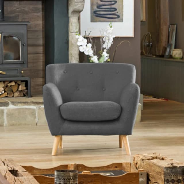 Lynwood 86Cm Wide Dark Grey Textured Fabric Scandi Arm Chair With Both Light And Dark Wooden Legs