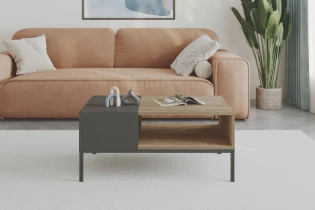 Decortie Modern Rectangular Coffee Table With Dual-side Storage Natural Oak Black Wood, Multi 8.68363E+12