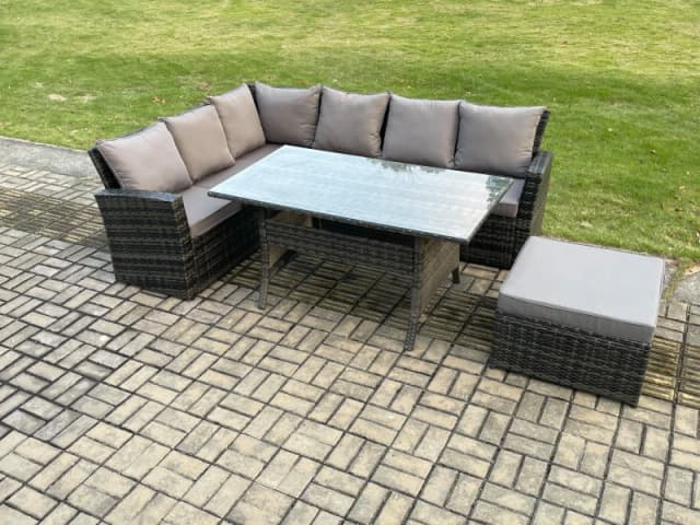 Fimous 7 Seater Garden Rattan Furniture Corner Dining Set with Big Footstool Indoor Outdoor Lounge Sofa Set Dark Grey Mixed Dark Grey Unisex