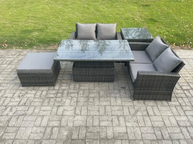 Fimous 5 Pieces Garden Furniture Sets Poly Rattan Outdoor Patio Height Adjustable Rising Lifting Table Sofa Dining Set with Side Table in Dark Grey Da