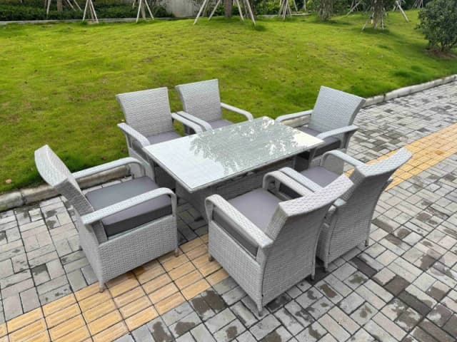 Fimous Rattan Outdoor Garden furniture Set Rectangular Table & 6 Chairs Set in Light Grey Light Grey Unisex