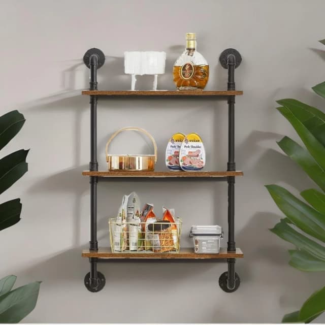 Rafaelo Mobilia Industrial Pipe Wall-Mounted 3 Tier Floating Shelves in Dark Brown Dark Brown Unisex