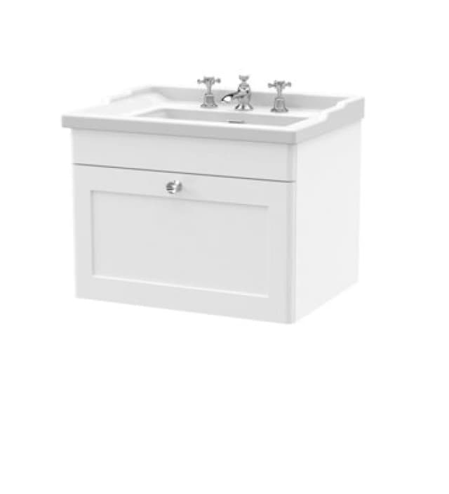 NUIE Classique Wall Hung 1-Drawer Vanity Unit with Traditional Basin 600mm Wide Satin White - 3 Tap Hole - Nuie CLC194G