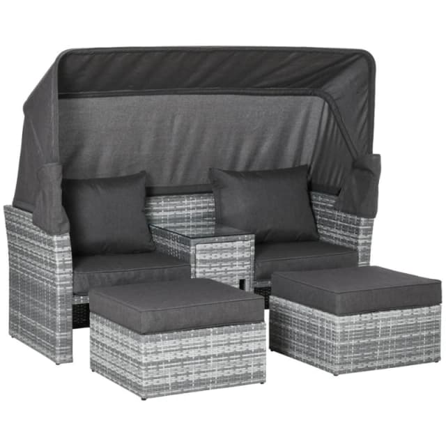 Outsunny 3 PC Outdoor Rattan Daybed Sofa Footstool Coffee Table Set w/ Canopy, Cushion Grey