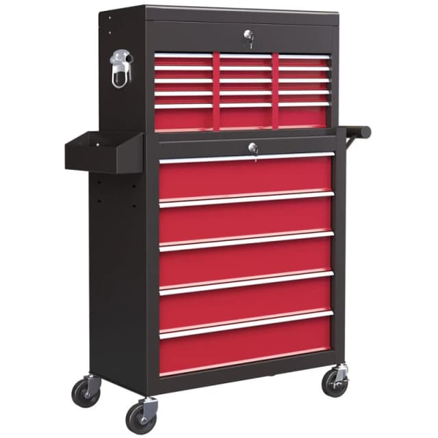 HOMCOM HOMCOM Rolling Tool Cabinet on Wheels with 14 Drawers, Pegboard and Side Rack, Lockable Top Tool Chest and Roller Cabinet Combo for Workshop an