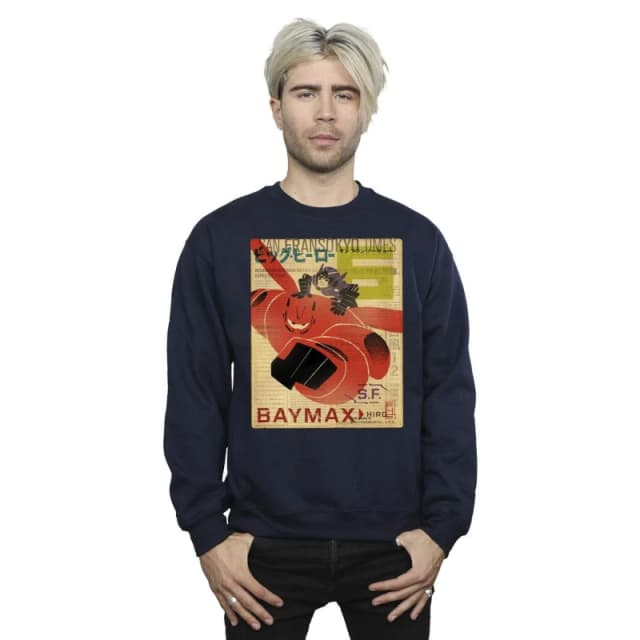 Disney Men Big Hero 6 Baymax Flying Baymax Newspaper Sweatshirt in Navy Size: Small Navy S Male 5059934865846