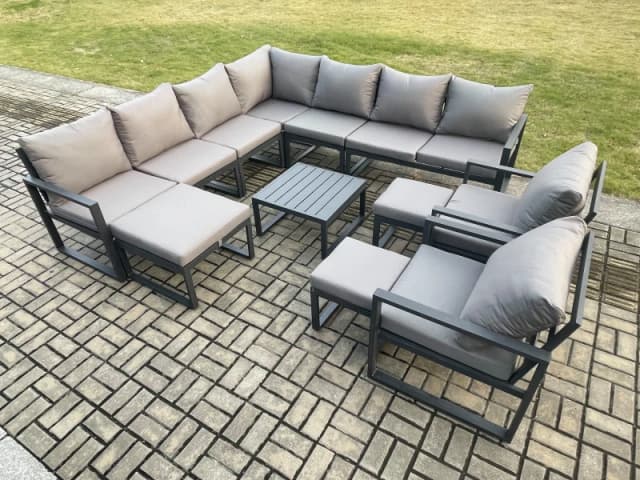 Fimous Aluminium Outdoor Garden Furniture Set Lounge Corner Sofa Square Coffee Table 2 Pcs Chair Sets with 3 Footstools Dark Grey Dark Grey Unisex
