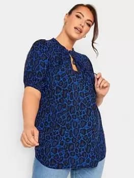 Yours Tie Neck Short Sleeve Blouse Blue Wild Print, Blue, Size 20, Women