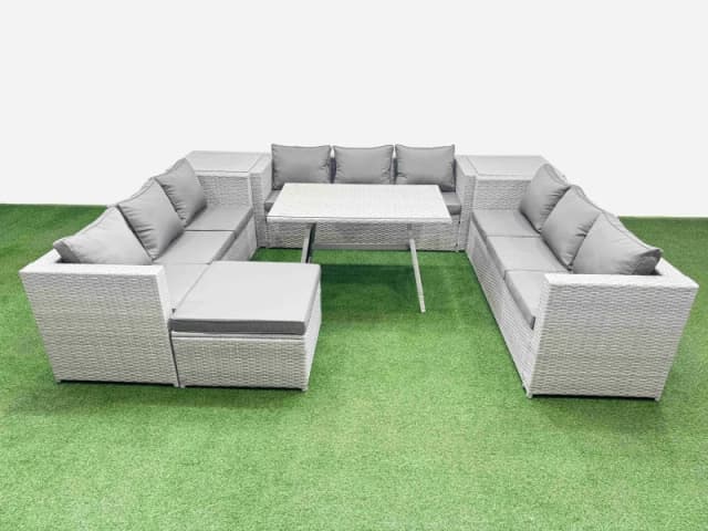 Fimous 10 Seat Patio PE Rattan Garden Furniture with 2 Side Tables Big Stool in Light Grey Light Grey Unisex