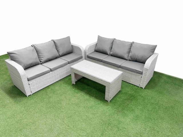 Fimous Outdoor Garden Furniture Sets 6 Seater Wicker Rattan Furniture Sofa Sets with Oblong Coffee Table high Back Lounge Sofa Light Grey Light Grey