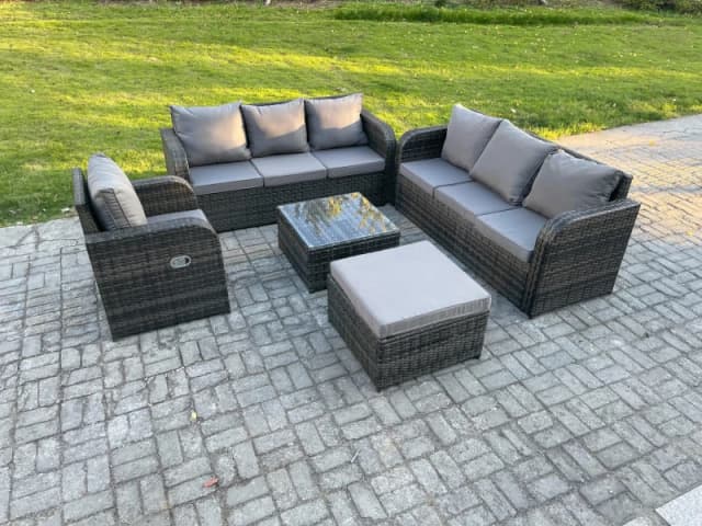 Fimous Outdoor Rattan Garden Furniture Set Conservatory Patio Sofa Coffee Table With Reclining Chair Big Footstool Dark Grey