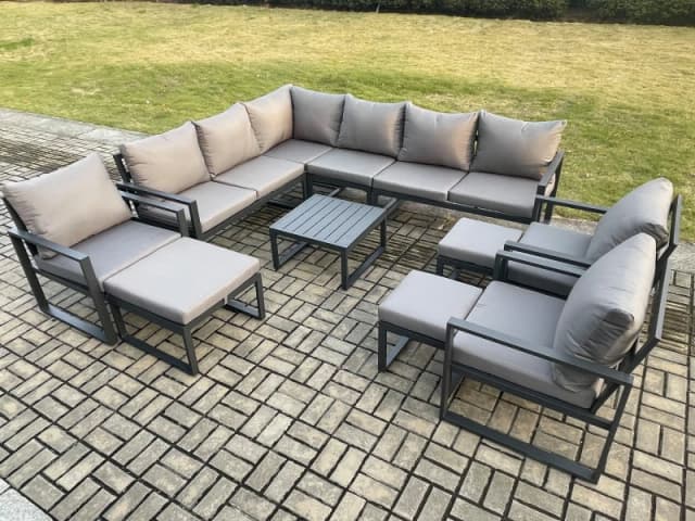 Fimous 12 Seater Outdoor Lounge Corner Sofa Set Aluminum Garden Furniture Sets with Square Coffee Table 3 Chairs 3 Footstools Dark Grey Dark Grey Unis
