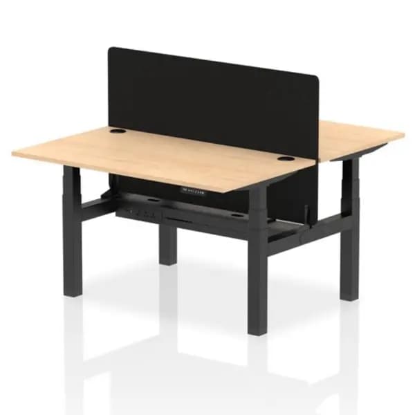 Air Air Back-to-Back 1400 x 800mm Height Adjustable 2 Person Bench Desk Maple Top with Cable Ports Black Frame with Black Straight Screen HASCP2P1480