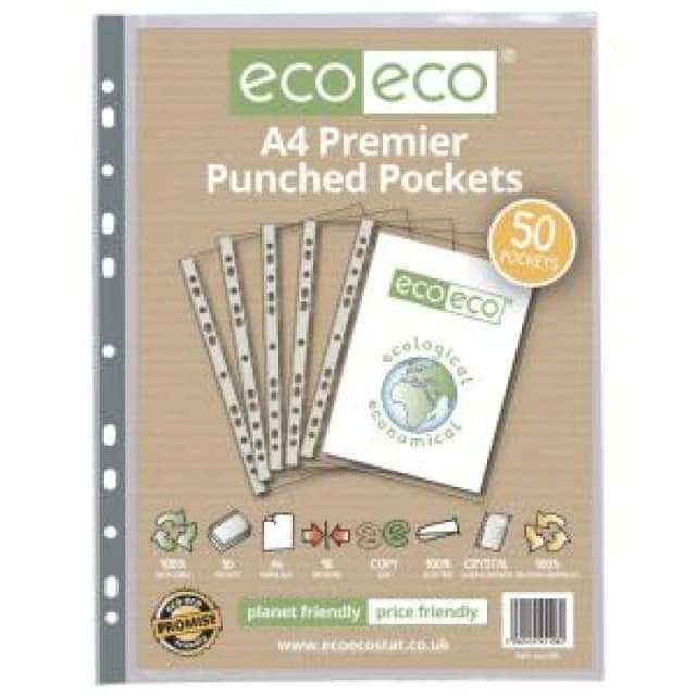 Eco Eco 100% Recycled Premier Punched Pocket A4 Clear (50 Pack) eco108-S