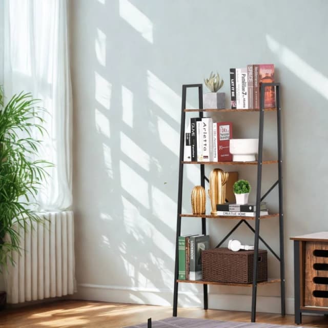 Pirlo Plush 4 Tier Freestanding Ladder Shelf For Living Room Storage Rustic in Brown Brown Unisex
