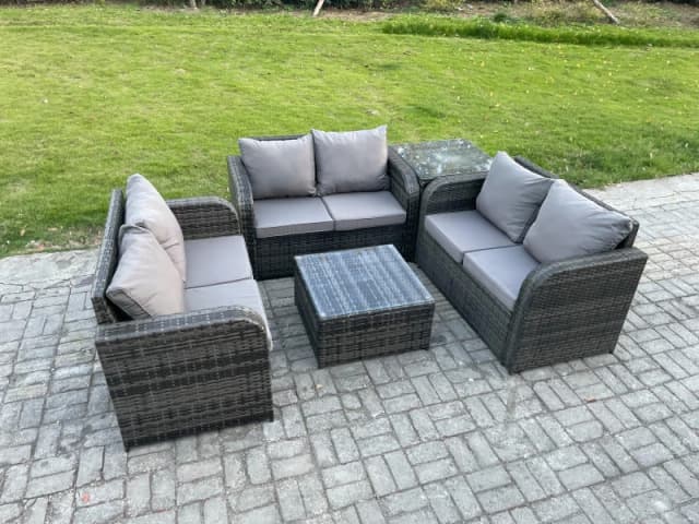 Fimous Outdoor Garden Furniture Sets 6 Seater Wicker Rattan Furniture Sofa Sets with Square Coffee Table Love seat Sofa 2 Small Footstools Dark Grey