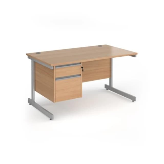 Contract 25 Office Desk Rectangular Desk 1400mm With Pedestal Beech Top With Silver Frame 800mm Depth Contract 25 CC14S2-S-B CC14S2-S-B