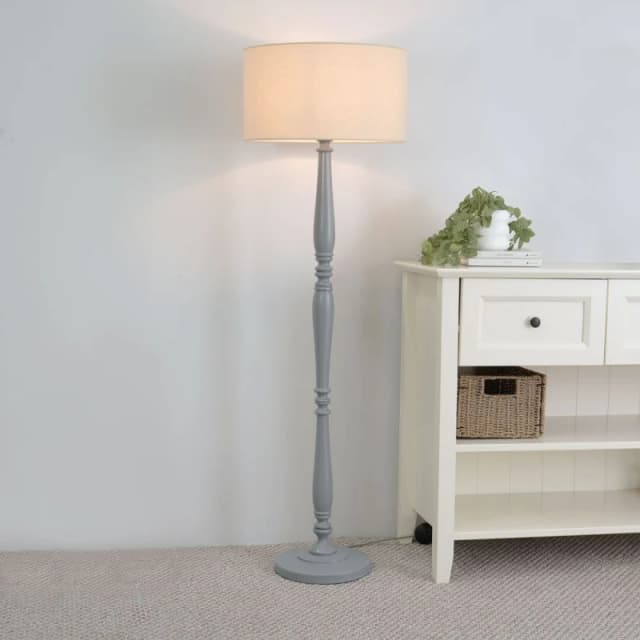 ValueLights Victoria Grey Wood Traditional Stem Floor Lamp with Fabric Drum Shade Natural