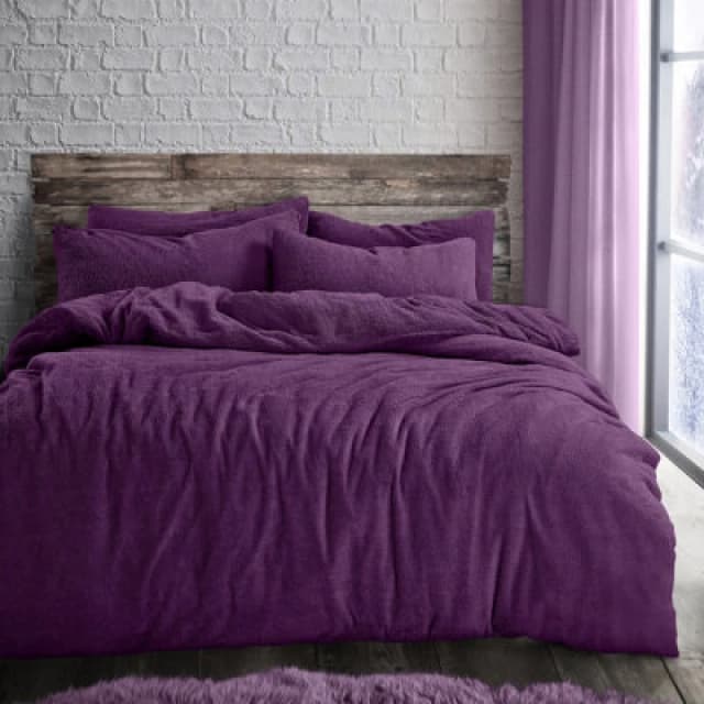 Velosso Plain Teddy Warm & Cosy Duvet Cover & Pillowcase Set in Purple Size: Double Purple Unisex Double