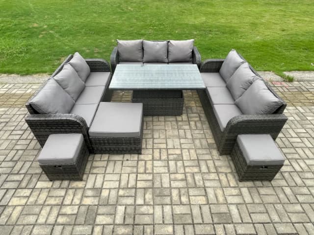 Fimous Patio Garden Dining Set Outdoor Rattan Furniture Sofa Height Adjustable Rising Table With Big Footstool Dark Grey