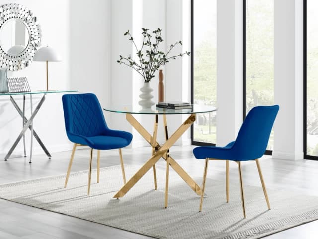 FurnitureboxUK FurnitureboxUK Novara 100cm Round Gold Leg Dining Table & 2 Pesaro Gold Leg Chairs in Navy Navy One Size Unisex 5056784304624