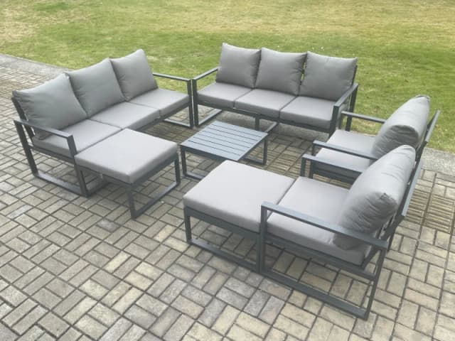 Fimous Aluminium Patio Outdoor Garden Furniture Lounge Sofa Set with Square Coffee Table 2 Chairs 2 Big Footstools Dark Grey Dark Grey Unisex