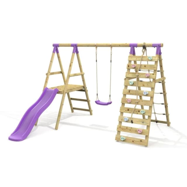 OutdoorToys Single Garden Swing Set with Climbing Wall & Slide for Kids - Amber Purple Purple Unisex